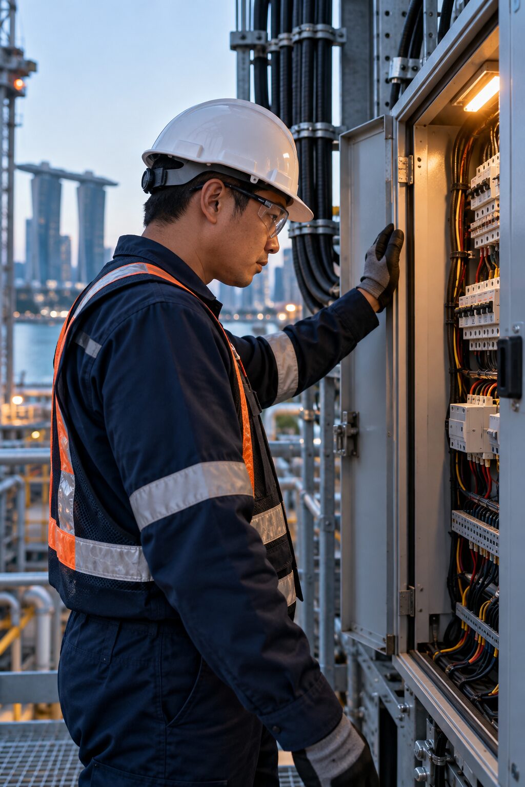 Engineer inspecting an electrical distribution board