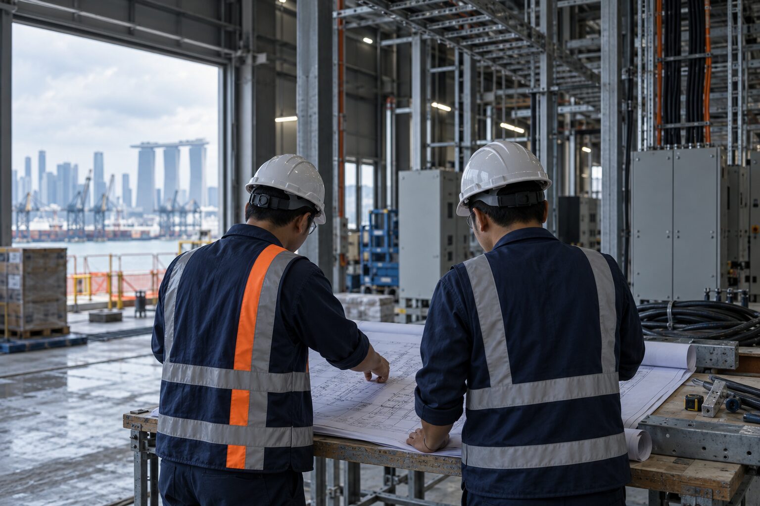 Engineers reviewing an electrical drawing on site