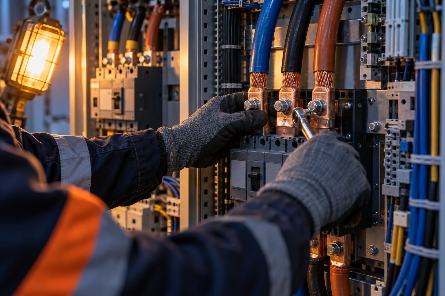 Cable terminations inside an industrial switchboard